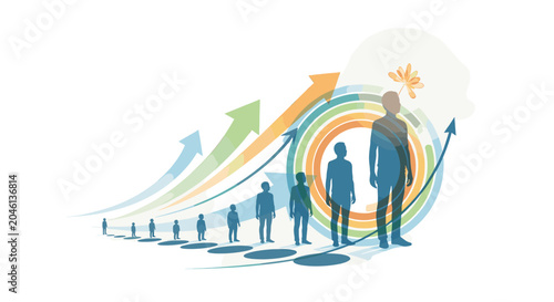 Bild auf Leinwand Illustration of a group of people standing in a line, with arrows indicating growth and progress towards a larger figure