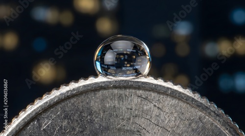 Water drop balancing perfectly on the edge of a coin