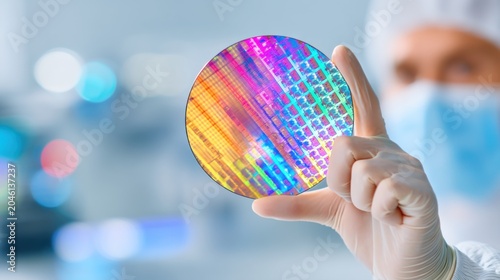 Close up of a hand holding a circular silicon wafer with hundreds of microchips, brilliant iridescent light patterns on the surface, cleanroom laboratory