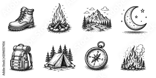 Camping and outdoor adventure sketch icon collection in black. Set of hiking boot, campfire, mountain trail, crescent moon, backpack, tent, compass and forest wildfire icons in doodle style
