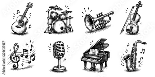 Music performance sketch icon collection in black. Set of guitar, drum kit, trumpet, violin, music notes, microphone, piano and saxophone icons in doodle style