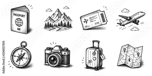 Travel and tourism sketch icon collection in black. Set of passport, mountain route, airline ticket, airplane, compass, camera, suitcase and folded map icons in doodle style