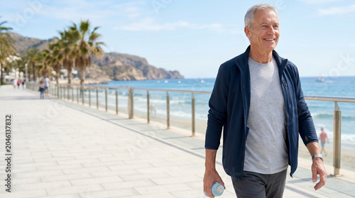 Portrait of happy senior man walking along city promenade