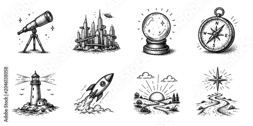 Future vision sketch icon collection in black. Set of telescope, futuristic city, crystal ball, compass, lighthouse, rocket launch, sunrise path and guiding star icons in doodle style
