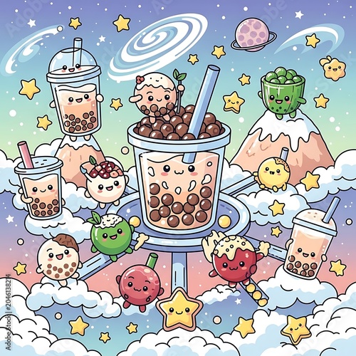 Colorful cartoon tea party with animals and treats.