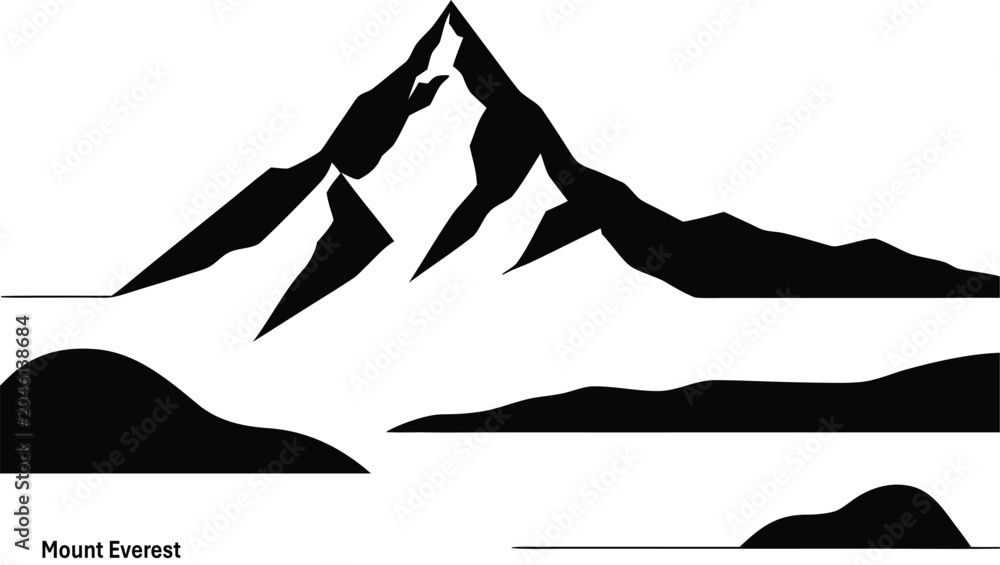 Fototapeta premium Mount Everest, mountain range, silhouette, landscape vector, black and white