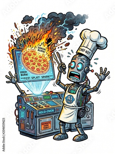 Robot chef cooking pizza in a futuristic kitchen with futuristic, technology