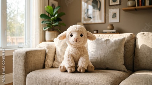 Fluffy sheep plushie sits on a tan sofa in a sunny living room. Soft sunlight streams in, creating a warm and inviting atmosphere.