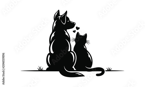 Tableau sur toile Cat and dog together silhouette, cat dog friendship vector, pet duo illustration
