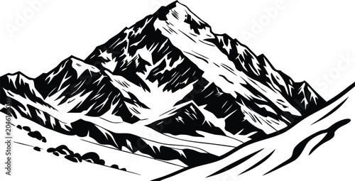 Fotografie Snowy mountain range, black and white illustration, vector landscape, mountain p