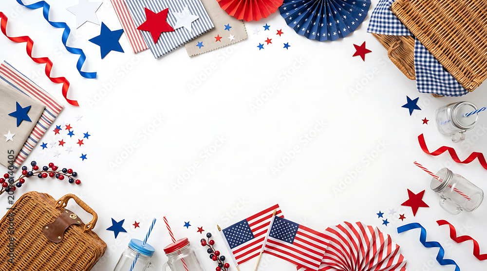 Obraz premium Festive Fourth of July picnic elements arranged in a border on a white background, perfect for holiday invitations or decorations