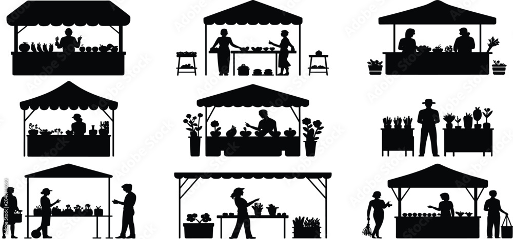 Obraz premium Set of farmers market stalls silhouettes showing vendors selling fresh vegetables fruit and plants to customers