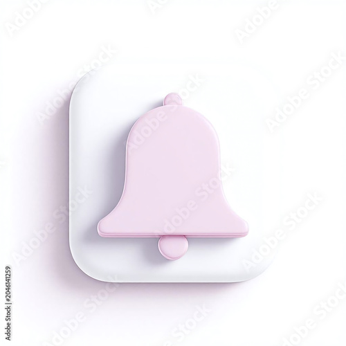 Minimalist pink notification bell icon 3d render on white background.