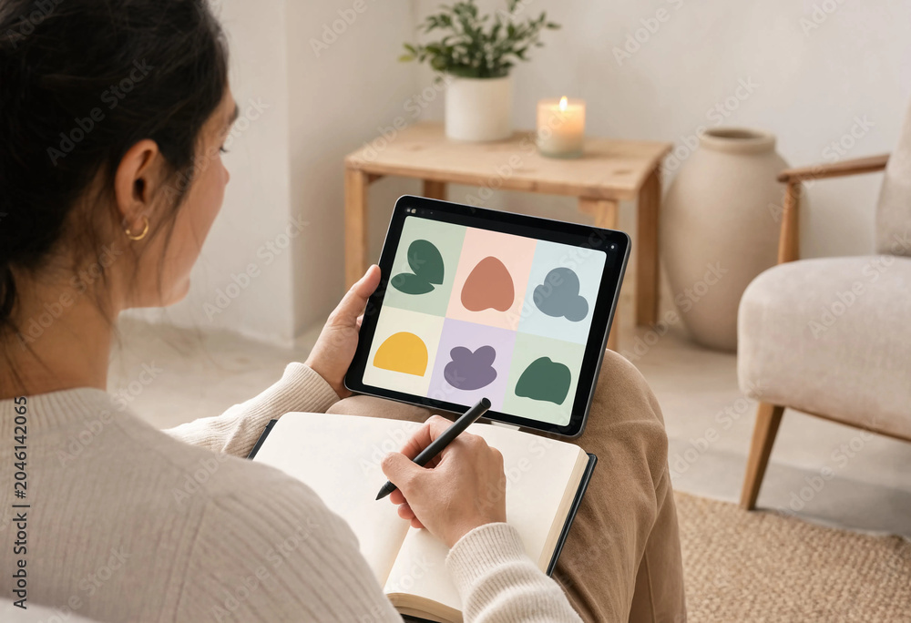 Woman using a digital tablet and notebook for creative design and planning at home