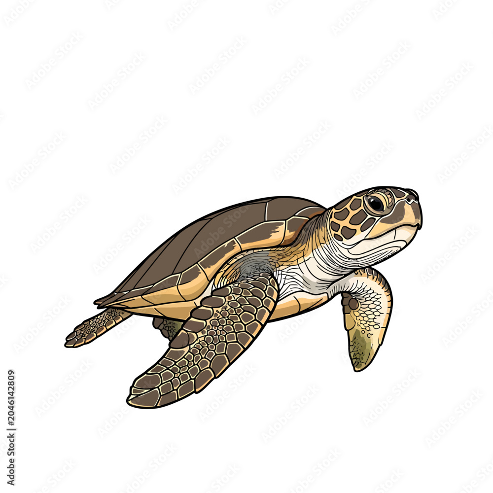 Obraz premium A detailed illustration of a young green sea turtle swimming.