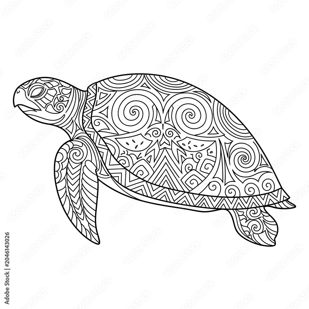 Fototapeta premium Intricate black and white line art illustration of a patterned sea turtle.
