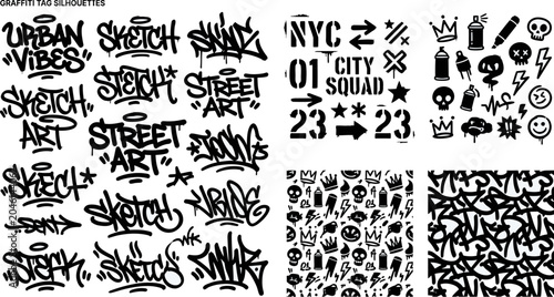 Fényképezés Graffiti tag silhouettes with urban vibes and street art designs  city squad sym