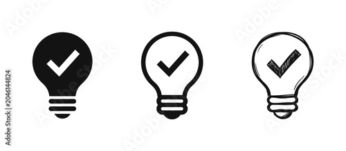 Foto Idea and Solution Icons - Lightbulb with Checkmark Set in Solid, Line, and Hand-