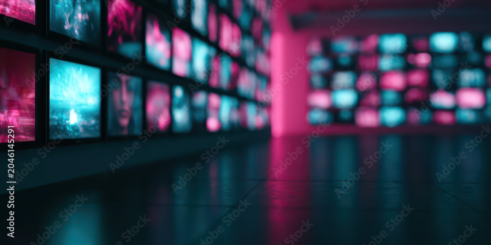 Fototapeta premium Modern Media Room with Glowing Monitors, Abstract Digital Art, and Reflective Floor in Blue and Pink Ambient Light.