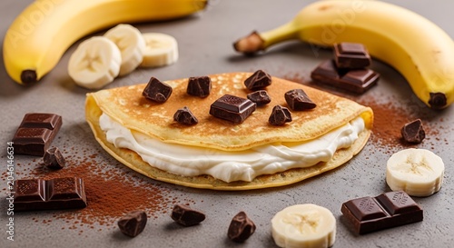 Chocolate Banana Pancake with Cream Filling on Gray Surface