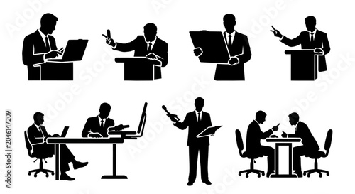 Business people silhouettes in office poses and meetings