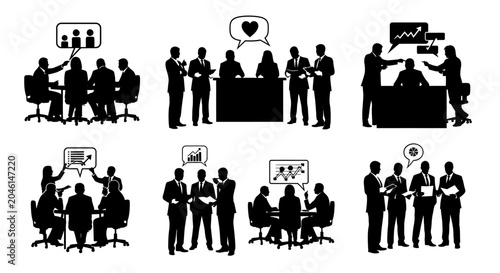 Business people silhouettes in meetings with charts and icons
