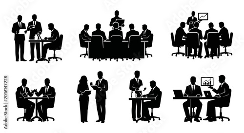 Business people silhouettes in professional meetings and office teamwork