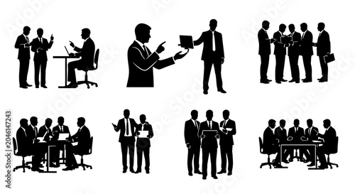 Business people silhouettes in various corporate meeting scenarios