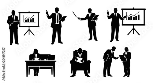 Business people silhouettes in various professional office activities