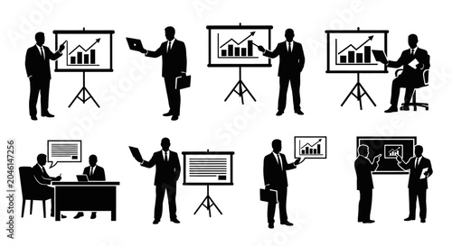 Business people silhouettes presenting charts and data