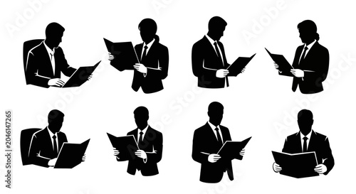 Business people silhouettes reading documents, professional work set