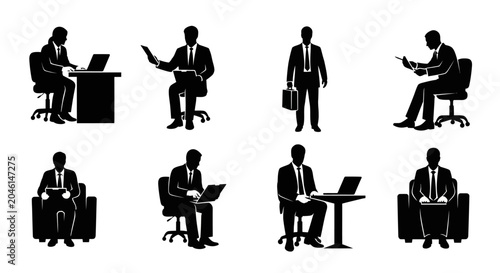 Business people silhouettes set in office work poses
