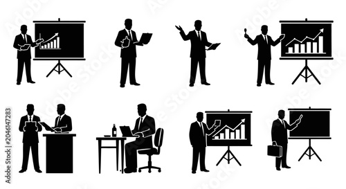 Business People Silhouettes Set Presenting Data and Working