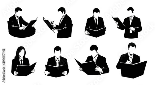 Business people silhouettes with folders and documents, corporate set