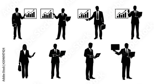 Business people silhouettes with growth charts and laptops