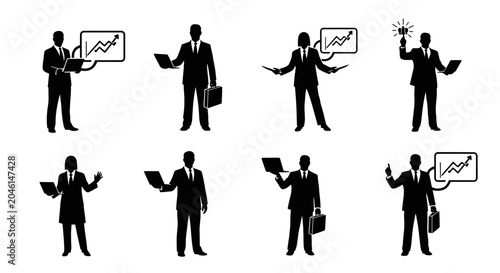 Business people silhouettes with laptops and charts, corporate icons