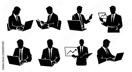Business people silhouettes with laptops and charts