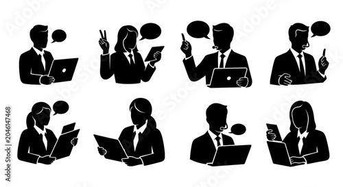Business people silhouettes with laptops and speech bubbles set