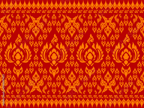 Traditional Thai Red and Gold Pattern Vector with Flame Motifs and Dok Prajam Yam Seamless Design