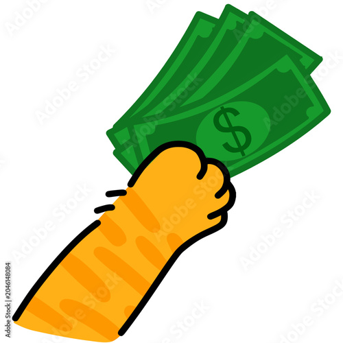 An orange cat paw paying or receive money illustration for business, money, banking concept graphic design