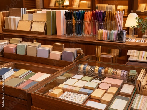 Cozy Stationery Shop Display with Colorful Pens and Notebooks