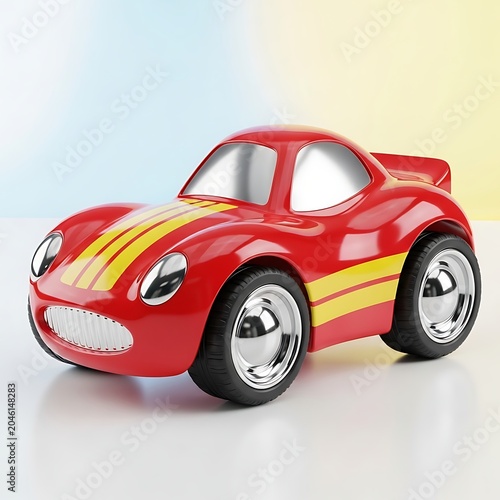 Red sports car with yellow racing stripes on white background.