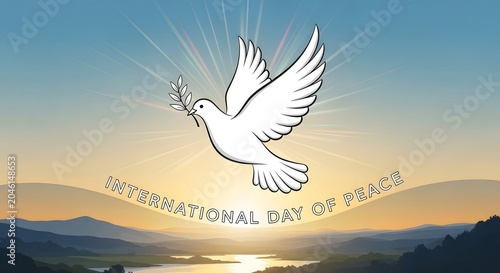 International day of peace illustration with dove and olive branch over landscape