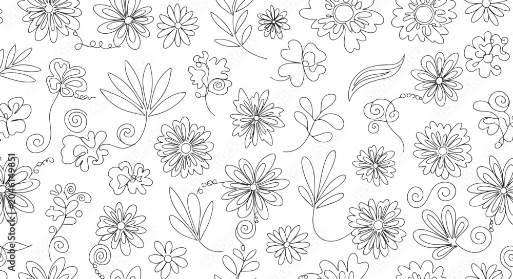 Fototapeta premium Whimsical doodle-style floral pattern. Playful black and white hand drawn flower background.