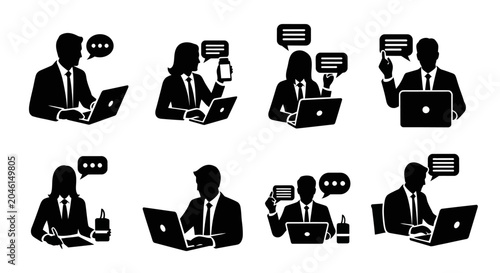 Business people silhouettes working on laptops with communication icons