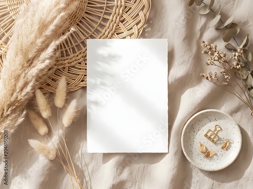 Blank Greeting Card Mockup on Neutral Fabric Background with Natural Decor