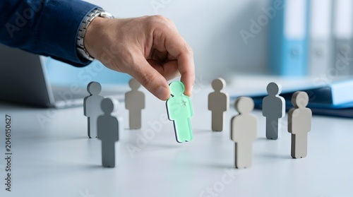 Hand picking green star figurine from group of gray beige people representing leadership recruitment talent acquisition employee selection and human resource strategy