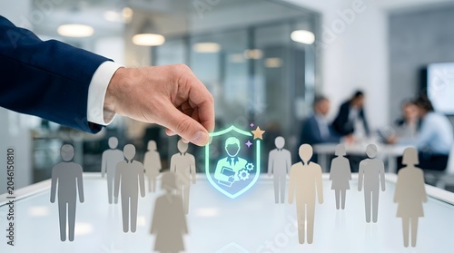 Hand holding glowing shield protection icon over employee figure representing hr security workforce safety talent retention and corporate governance