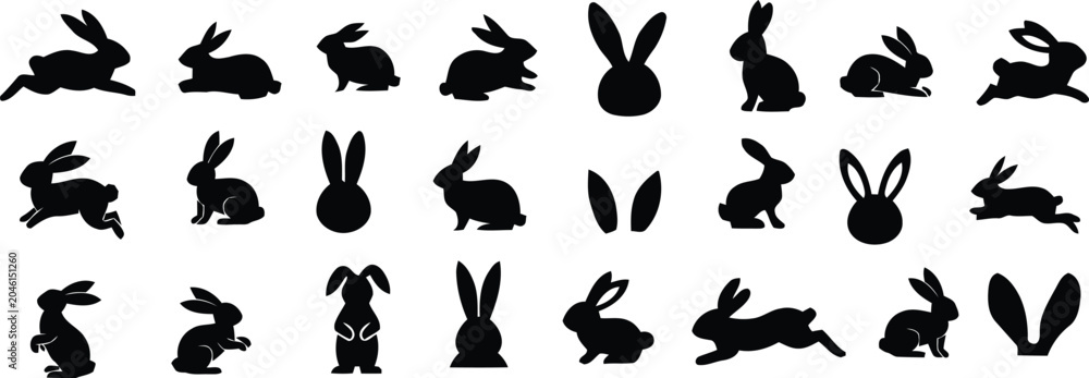 Obraz premium Rabbit silhouettes, black bunny icons, 20 rabbit shapes, vector illustrations, animal graphics