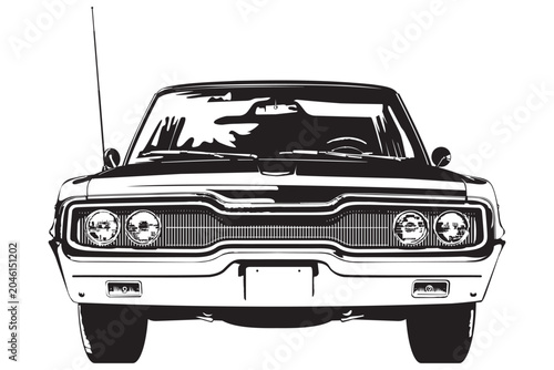 Vintage american muscle car from the 1960s low angle frontal view monochrome vector illustration